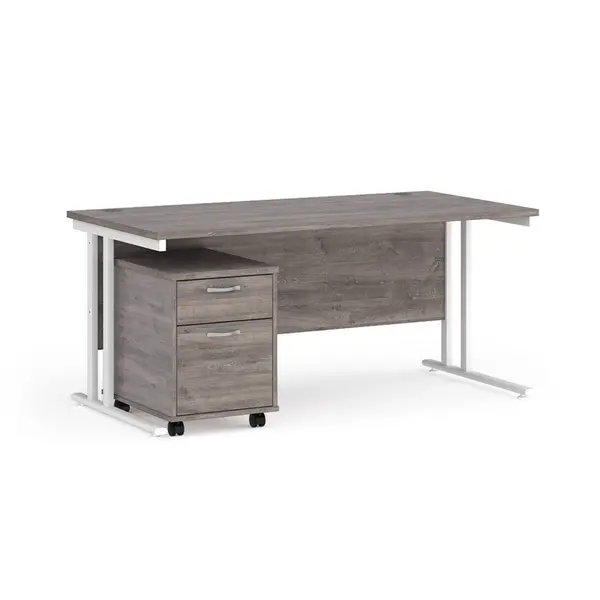 Image of Maestro 25 Straight Desk with White Cantilever Frame and 2 Drawer Pedestal - Grey Oak - 1600mm x 800mm