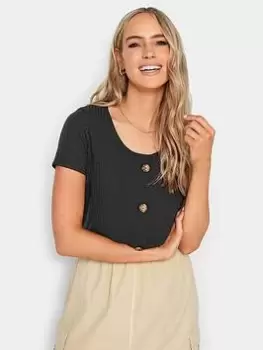 Image of Long Tall Sally Black Scoop Neck Button Through Rib Tee, Black, Size 20, Women