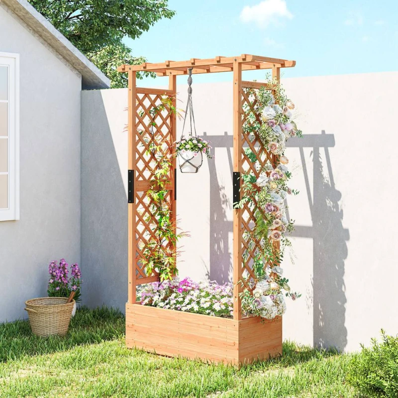 Image of OUTSUNNY Raised Bed for Garden with Trellis, 110 x 44 x 181 cm, Natural Size: 110 x 44 x 181cm Natural Unisex 110 x 44 x 181 cm