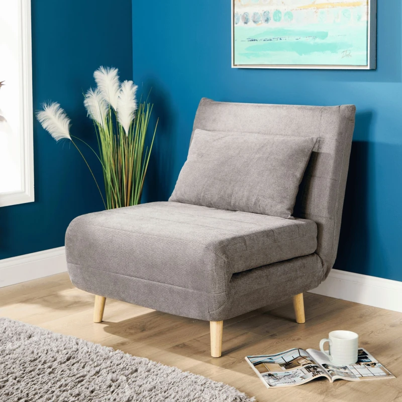 Image of Home Source Lorena Single Clic Clac Grey Upholstered Sofa Bed Lounger Chair