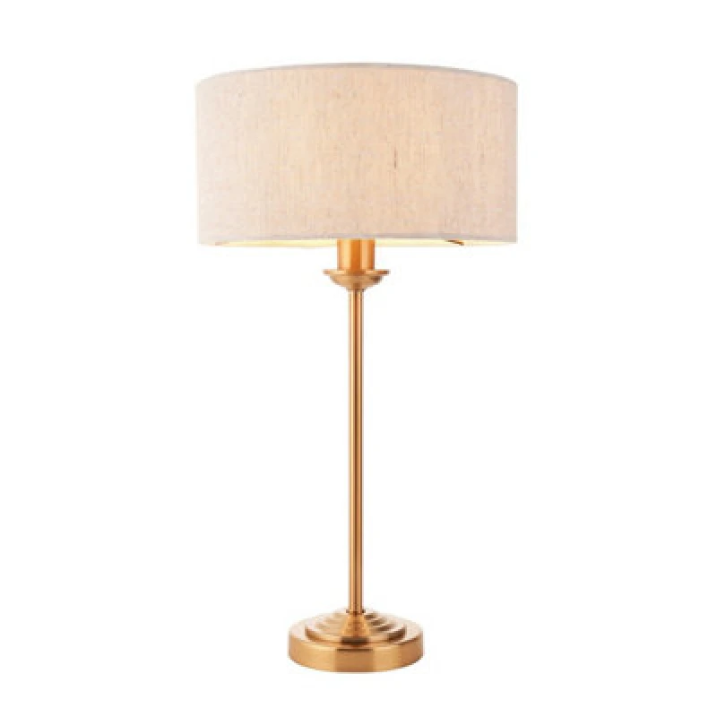 Image of Highclere Table Lamp with Round Shade Vintage Brass, Natural Linen, 1x E14