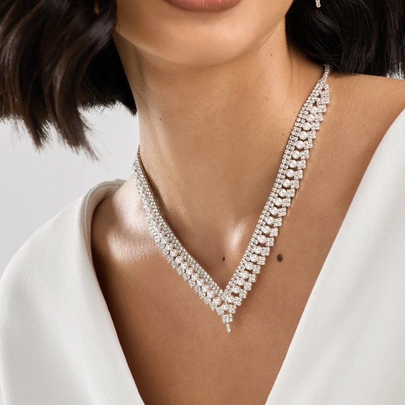 Image of Jon Richard Silver Plated Pearl And Crystal V Necklace Silver female