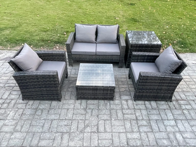 Image of Fimous Outdoor Lounge Sofa Set Wicker PE Rattan Garden Furniture Set with Armchair Squar Coffee Table Double Seat Sofa in Dark Grey Dark Grey Unisex