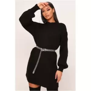 Image of I Saw It First Black Balloon Sleeve Rib Knitted Jumper Dress - Black