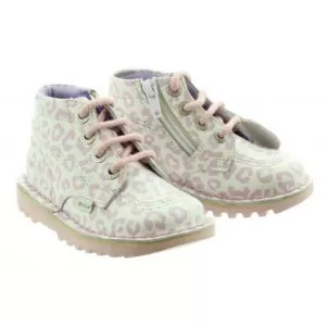 Image of Kickers Girls Kick Hi White Leopard Boot - White/Pink