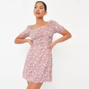 Image of Missguided Ruched Puff Sleeve Skater Dress - Red