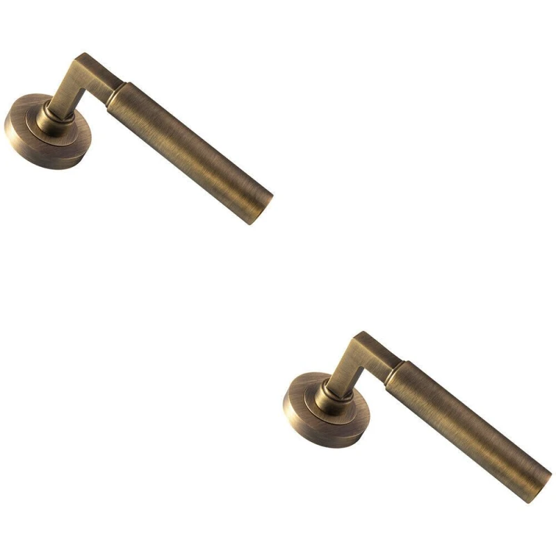 Image of Loops 2x PAIR Straight Round Bar Handle on Round Rose Concealed Fix Antique Brass Metallics
