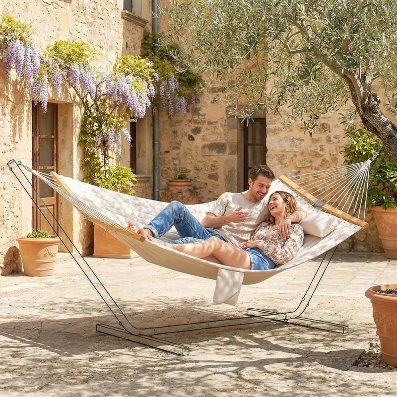 Image of OUTSUNNY Double Hammock 2-Person Padded Swing Bed Cream White Cream Unisex