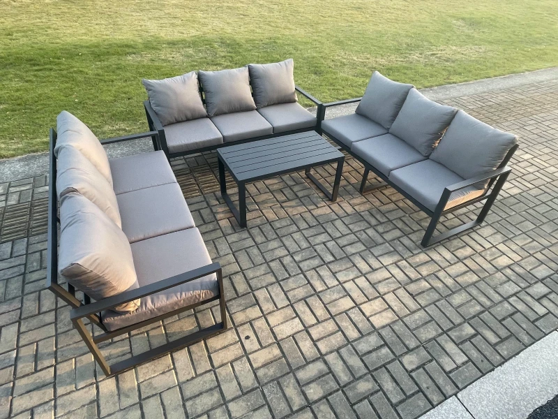 Image of Fimous Aluminium 9 Seater Outdoor Garden Furniture Set Lounge Sofa Oblong Coffee Table Sets with Cushions Dark Grey Dark Grey Unisex