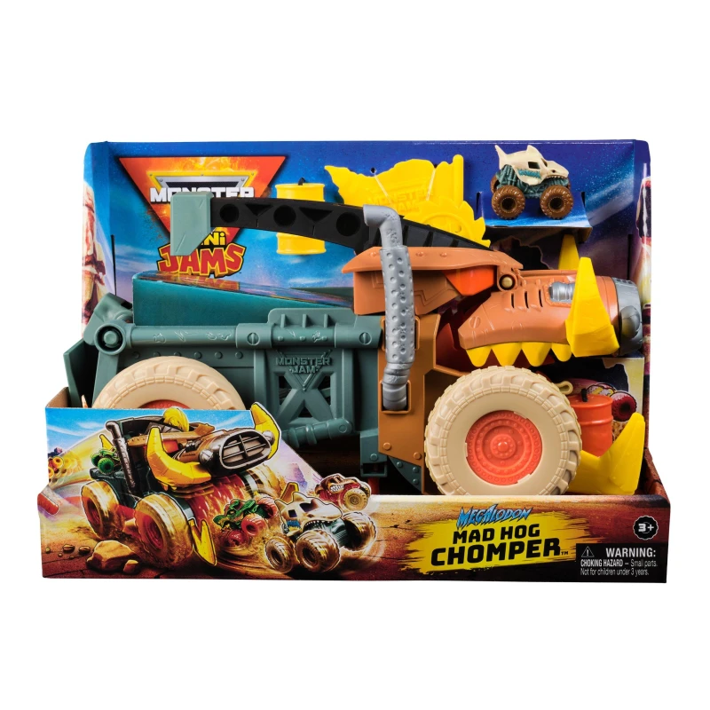 Image of Monster Jam Mini Jam Megalodon Mad Hog Chomper and Monster Truck Fun Cleanup and Storage Kids Toy Gifts for Boys and Girls Aged 3 and Up