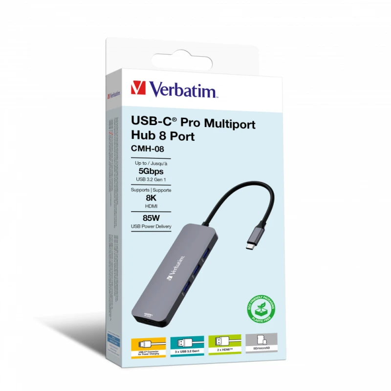 Image of Verbatim CMH-08 USB-C Pro 8 Port Multiport Hub 32151 Silver
