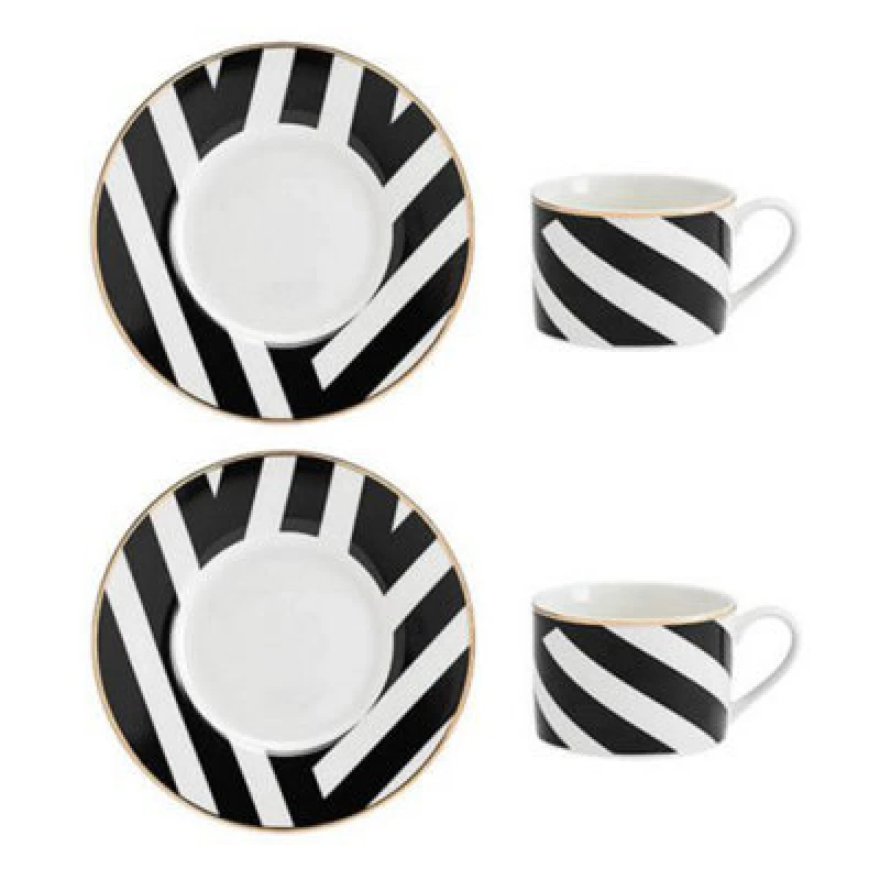 Image of Mikasa Luxe Deco Geometric Print China Tea Cups and Saucers, Set of 2, 200ml Black