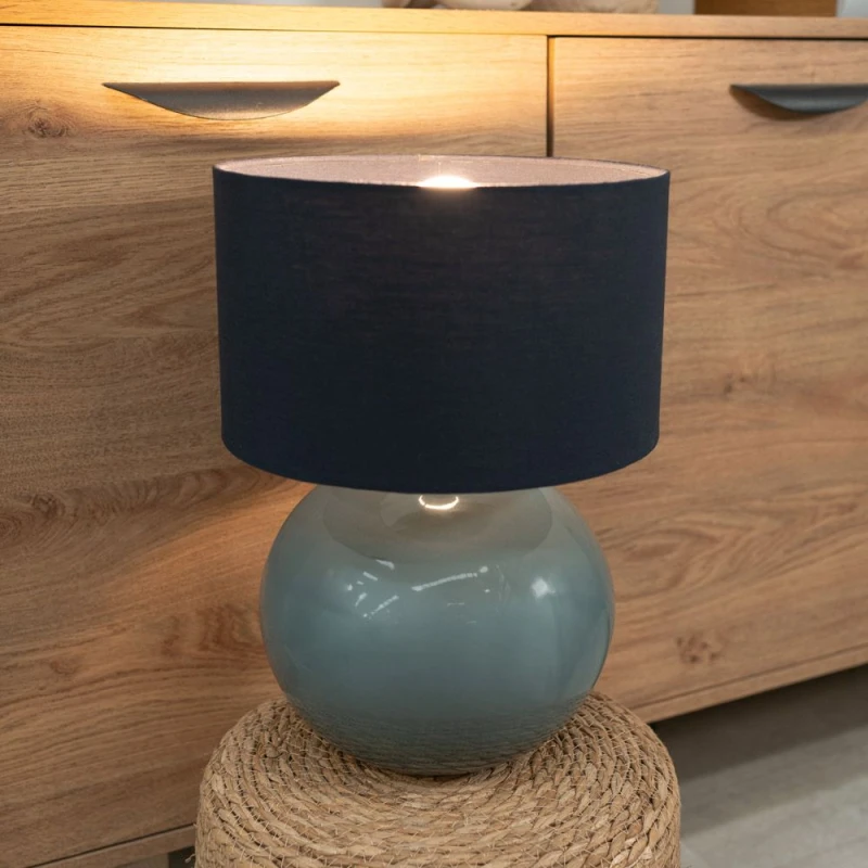 Image of ValueLights Bosco Eucalyptus Teal Globe Ceramic Table Lamp with Fabric Shade and LED Bulb Navy