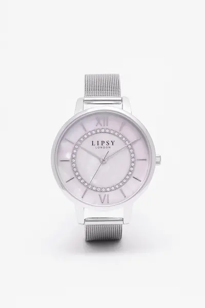 Image of Lipsy Mesh Strap Watch with Marble Effect Dial - Pink - Metal