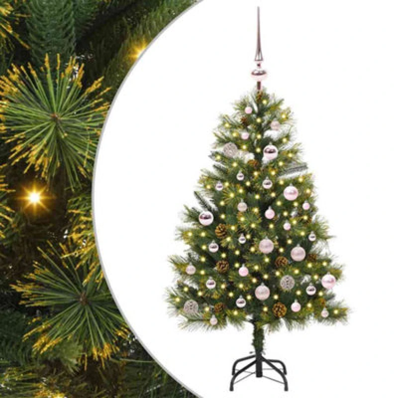 Image of vidaXL Artificial Hinged Christmas Tree with Cones, Pink Balls Green 150 cm, Green 3395082