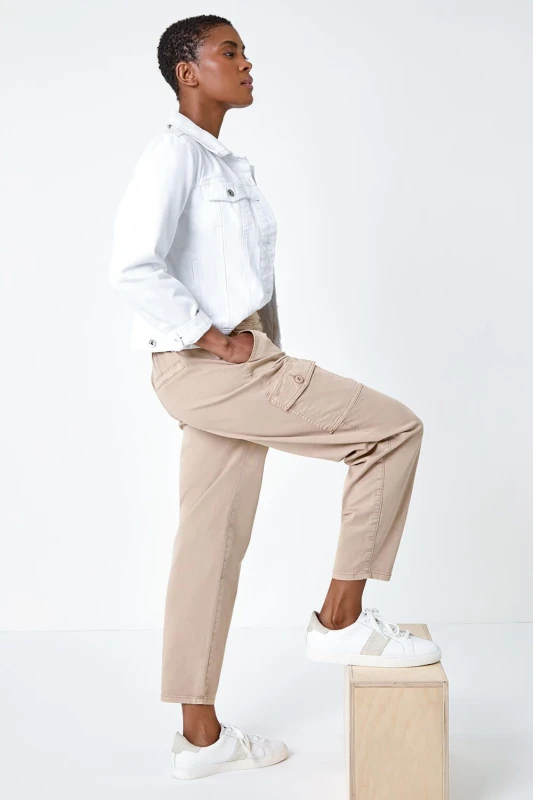 Image of Roman Casual Elastic Waist Cargo Stretch Trousers Natural