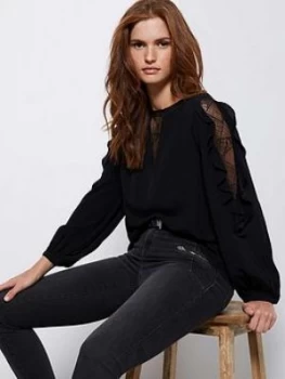 Image of Mint Velvet Lace Insert Ruffled Top - Black