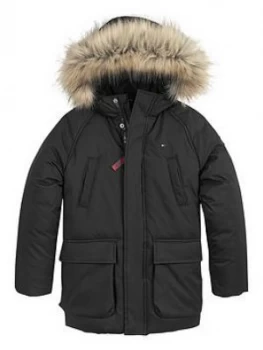 Image of Tommy Hilfiger Boys Faux Fur Hooded Parka - Black, Size Age: 4 Years