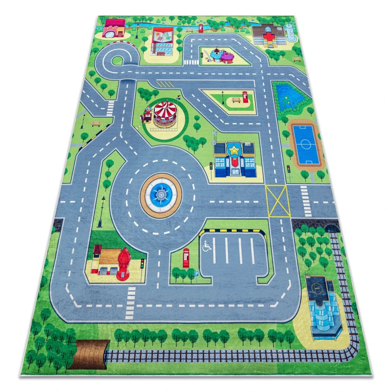 Image of RugsX Bambino 9028 Washing Carpet City, Streets For Children Anti Slip - Green / Grey 120X170 Cm