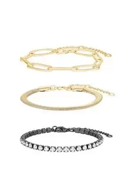 Image of Mood Mood Two Tone Crystal And Chain Layered Bracelets - Pack of 3, Two Tone, Women