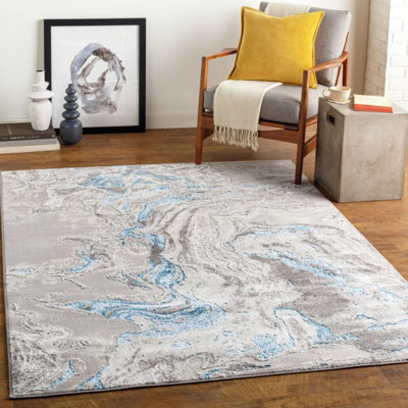 Image of Livabliss Abstract Modern Marble Dark Blue Dahlia Area Rug 160 X 213cm - Easy Care, Non Shedding, Ideal For Living Room & Bedroom