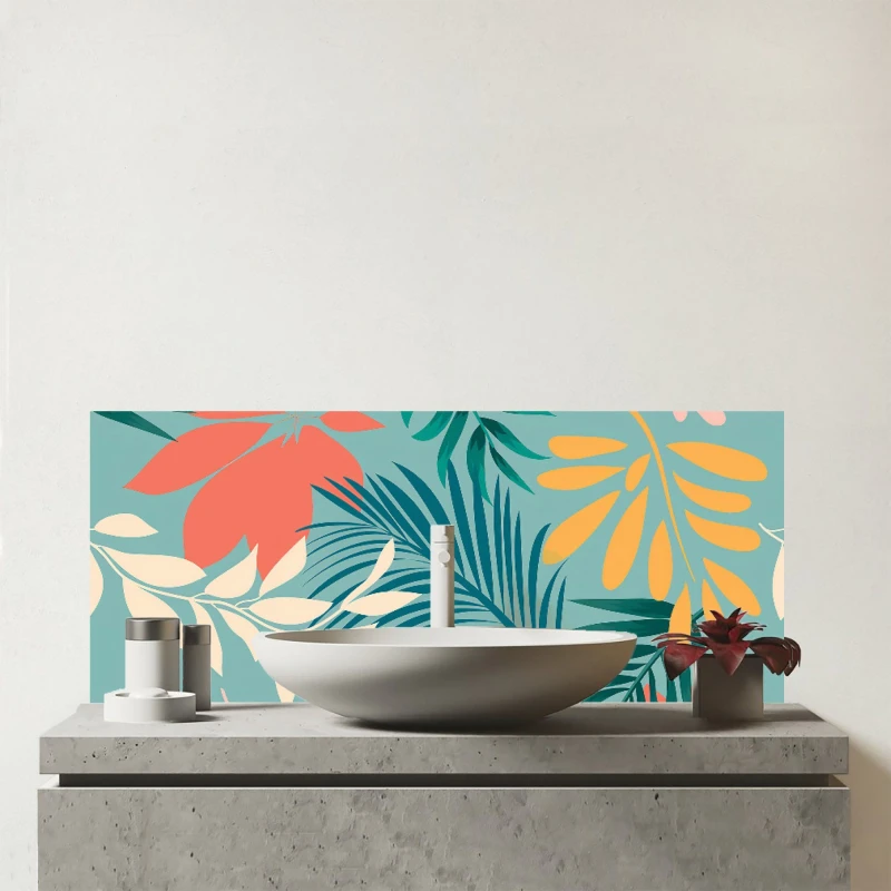 Image of Warren Reed - Designer Abstract Bright Colorful Tropical Leaves Glass Bathroom Splashback in Blue Blue Unisex