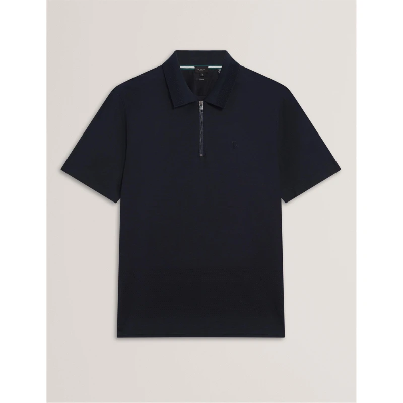Image of Ted Baker Mens Textured Zip Short Sleeve Polo Shirt Navy male S (2)