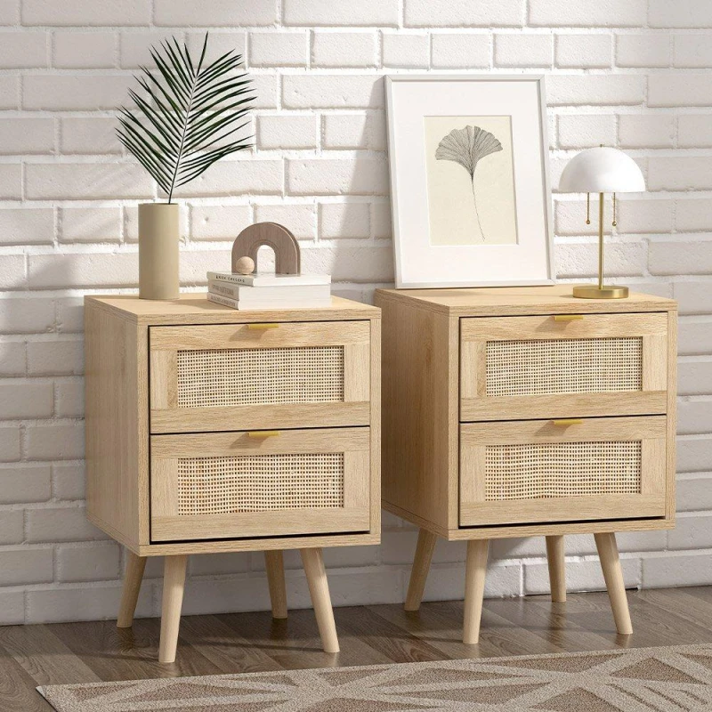 Image of Cottonfy UK 2 PCS Wood and Rattan Cabinets with 2 Drawers - Brown Brown M