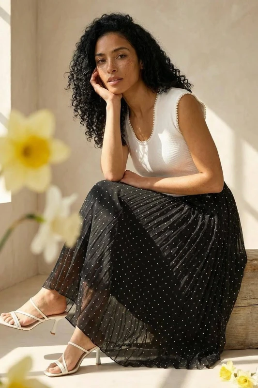 Image of Roman Womens Polka Dot Maxi Skirt in Black Size: 12 Black Female 12