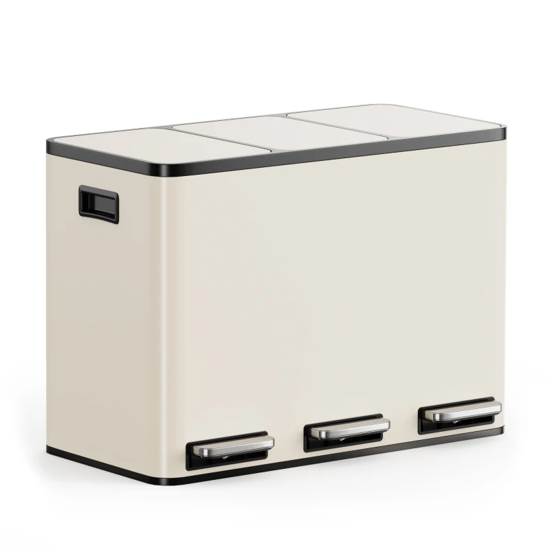 Image of Vonhaus 45L Waste & Recycling Kitchen Bin, 3 X 15L Cream Compartment Pedal Bin W/ Non Slip Base, Removable Inner Buckets