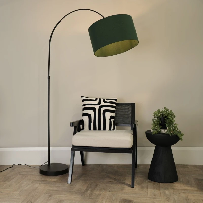Image of ValueLights Louis Black Arched Curved Floor Lamp with Fabric Drum Lamp Shade and LED Bulb Bottle Green