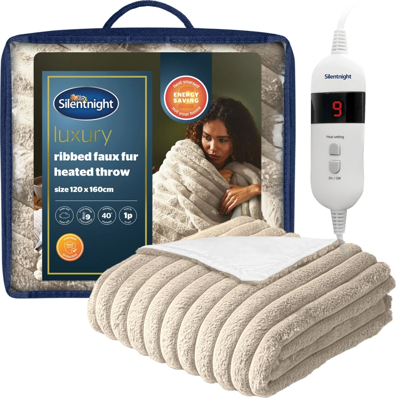 Image of Silentnight Luxury Ribbed Faux Fur Heated Throw - Natural Grey