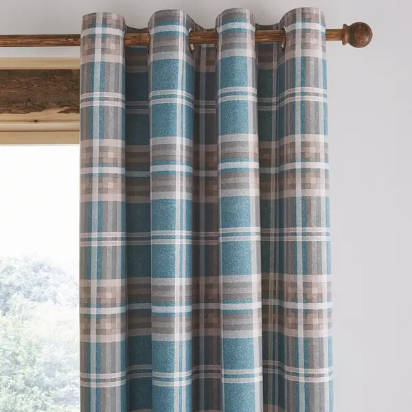 Image of Catherine Lansfield Tweed Woven Check Teal Eyelet Curtains Blue/Brown
