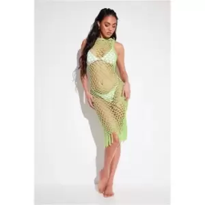Image of I Saw It First Neon Green Crochet Fringe Hem Midi Dress - Green