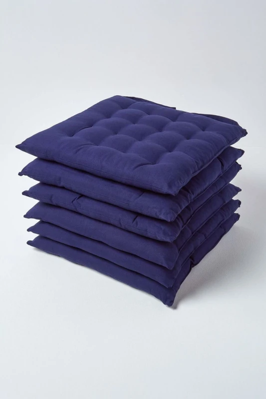 Image of Homescapes Navy Blue Seat Pads Or Cotton Chair Cushions 40X40 Cm, Set Of 6 Plain Chair Pads For Dining, Kitchen Or Outdoor