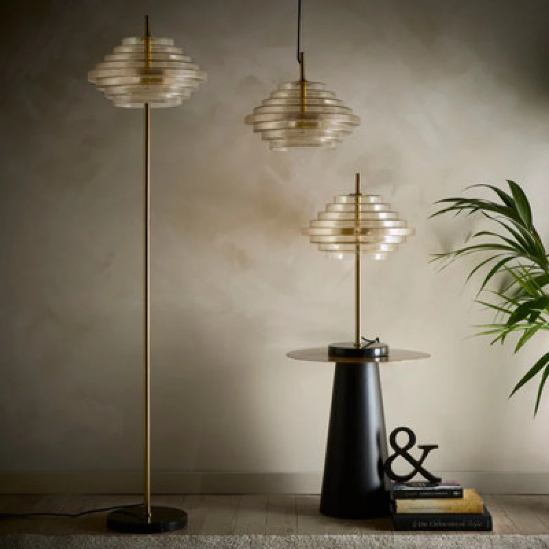 Image of K Living Aspen 2Lt Brass And Tiered Amber Glass Table Lamp