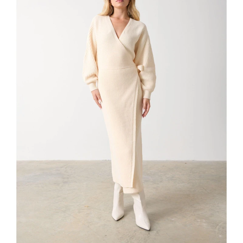 Image of Pretty Lavish Womens P. Aidan Wrap Knitted Jumper Dress Cream female 8 (XS)