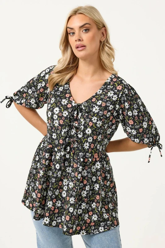 Image of Yours Womens Floral Bow Front Peplum Top in Black Size: 16 Black Female 16