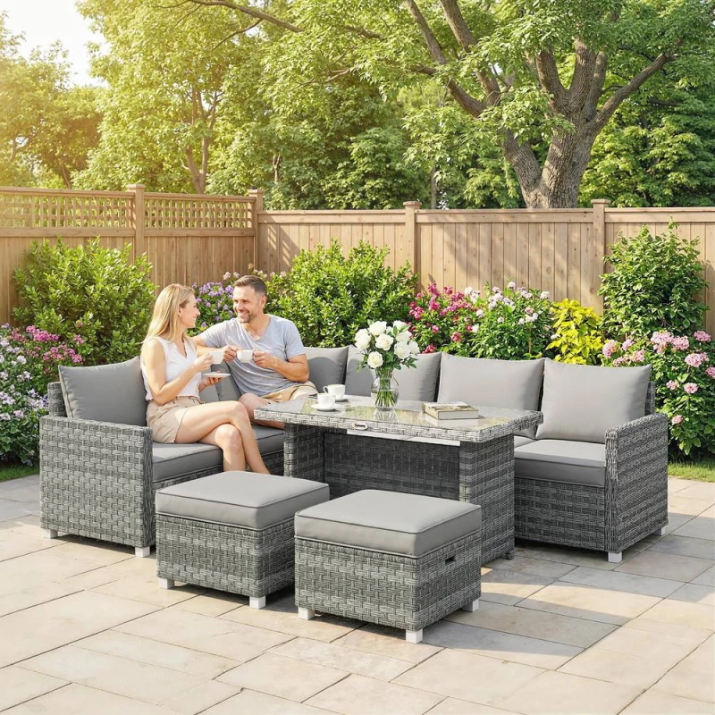 Image of OUTSUNNY 6 Piece Rattan Garden Furniture Set with Cushions, Grey Grey Unisex