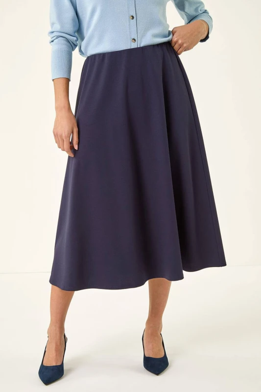 Image of Roman Womens Petite Ponte Stretch Midi Skirt in Navy Size: 10 Navy Female 10
