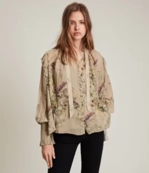 Image of AllSaints Womens Lara Caledonian Shirt, Khaki Green, Size: 8