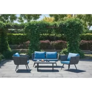 Image of Rattan Outdoor Furniture Sofa Set - 3 Pcs Set - Blue Cushions