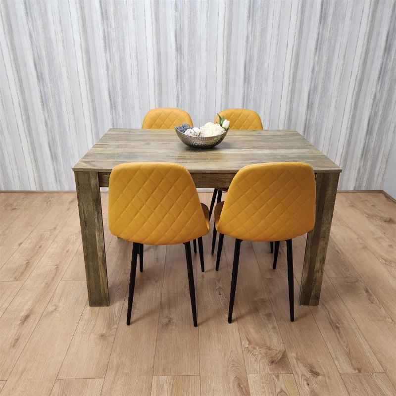 Image of KOSY KOALA KOSY KOALA Dining Table and 4 Chairs Rustic Effect Table with 4 Mustard Gem Patterned Chairs in Brown Brown One Size Unisex 5060711589688