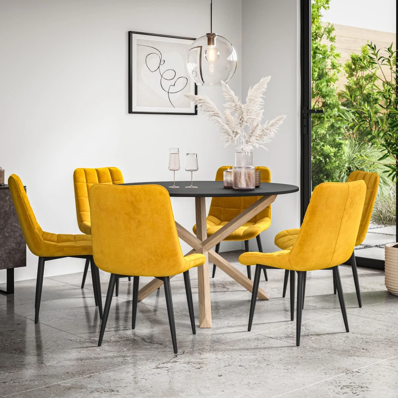 Image of More4Homes Malvern Round Dining Table And Chairs - Black Table Top W Solid Oak Legs + Nova Velvet Dining Chair Set Of 6 (Mustard)