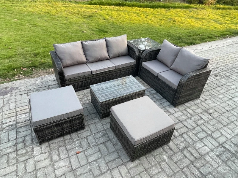 Image of Fimous Wicker PE Rattan Garden Furniture Set 7 Seater Outdoor Lounge Sofa Set with Love Sofa Coffee Table 2 Big Footstool Side Table Dark Grey Mixed D