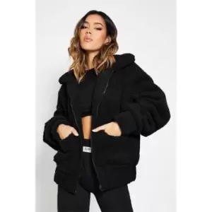 Image of I Saw It First Borg Zip Up Ruched Sleeve Detail Coat - Black