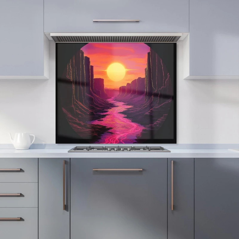 Image of Warren Reed - Designer Synthwave Canyon Sunset Kitchen Splashback in Black Size: 700mm x 650mm Black Unisex 700mm x 650mm