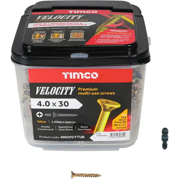 Image of Velocity Premium Countersunk Pozi Wood Screws Handy Tub 40030VYTUB Diameter: 4mm