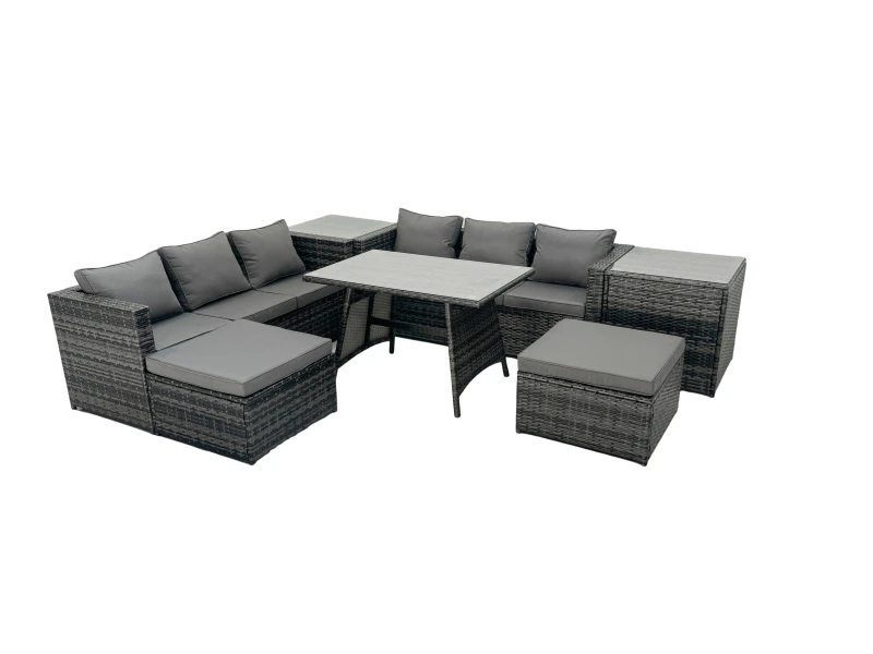 Image of Fimous Rattan Dining Table Sofa Set with 2 Side Tables Big Footstools Outdoor in Dark Grey Dark Grey Unisex