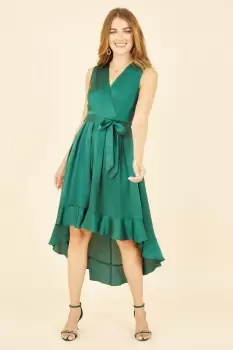 Image of Green Satin Dipped Hem Wrap Over Midi Dress